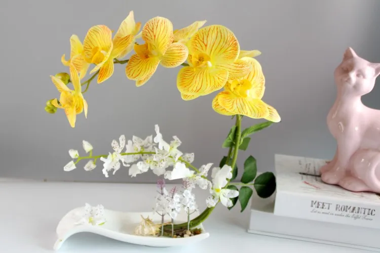 Butterfly Orchid Artificial Flowers Set Fake Flower Ceramic Vase Ornament Phalaenopsis Figurine Home Furnishing Decoration Craft