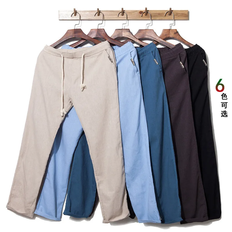 

2017 Spring And Summer New Style Linen Pant Men 6 Color Elastic Rope Lace-up Solid Color Breathable Casual Flax Straight-Leg Tro