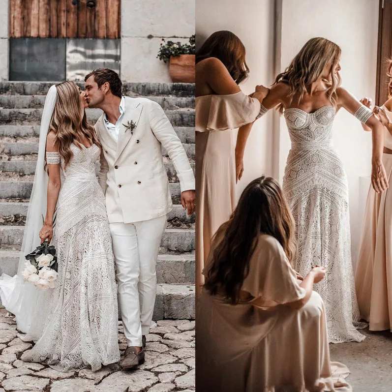 

2019 Boho Lace Wedding Dresses Strapless White Cut-Outs Bridal Dress A Line Simple Beach Wedding Gowns Vestido De Noiva