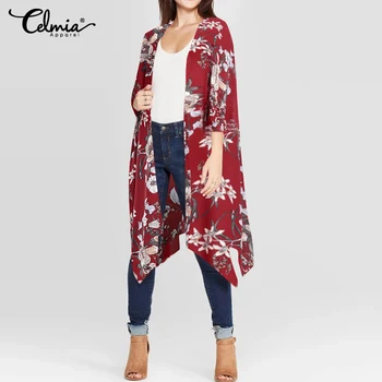 

Celmia Women's Floral Print Long Kimono Cardigans Summer Shirts Female 3/4 Sleeve Asymmetrical Vintage Blouse Casual Loose Blusa