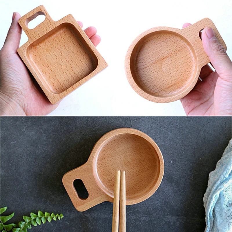 2PCS Small Dinner Plates Wooden Tray Food Snack Dessert Tea Dish Seasoning Sauce Food Dipping Dishes Plate Round Square
