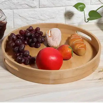 

Wood Tray Round Bamboo Food Serving Tray Tea Cup Holder for Steak Bread Cake Pizza Tableware for Kitchen Accessories