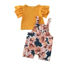 НОВЫЕ комплекты одежды из 2 предметов с цветочным принтом для малышей, одежда для девочек, рубашка с оборками, комбинезон, комбинезон, комплект