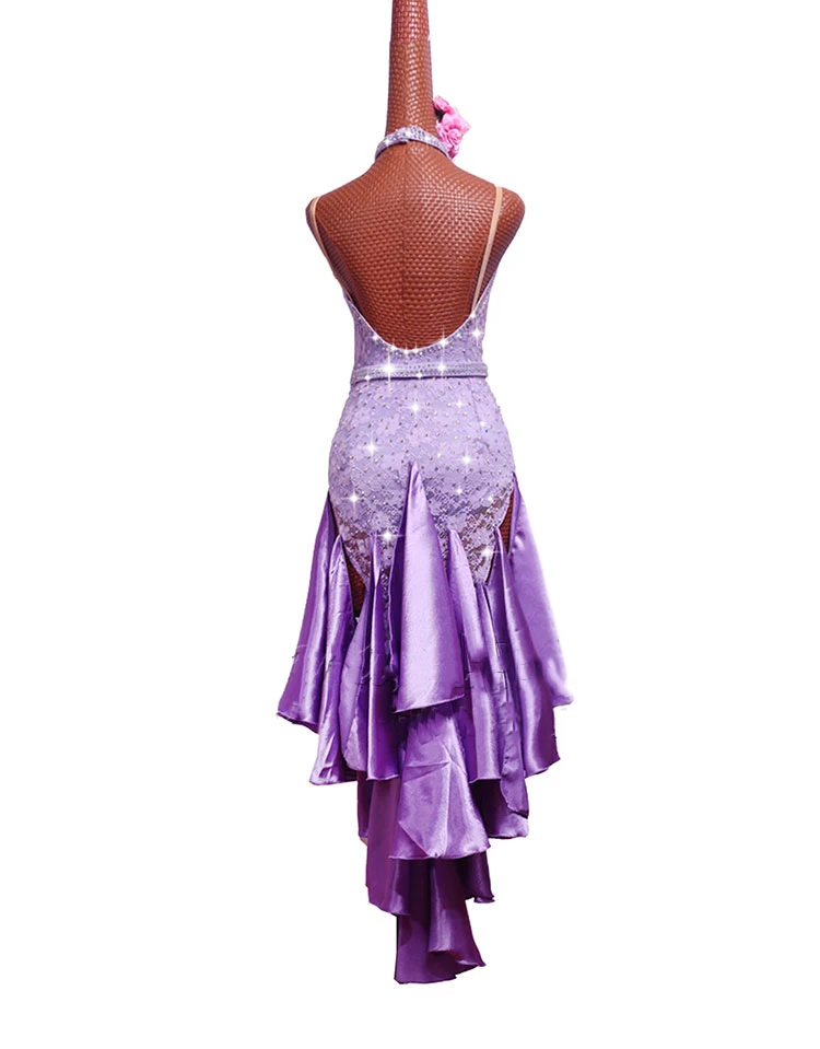 Бальное платье для латиноамериканских танцев, женское платье для выступлений, фиолетовое кружевное платье, высокая открытая юбка с бахромой# LD242