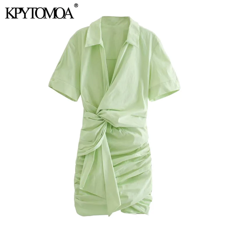 KPYTOMOA Women 2020 Chic Fashion With Gathered Pleated Mini Dress Vintage Short Sleeve Side Zipper Female Dresses Vestidos Mujer