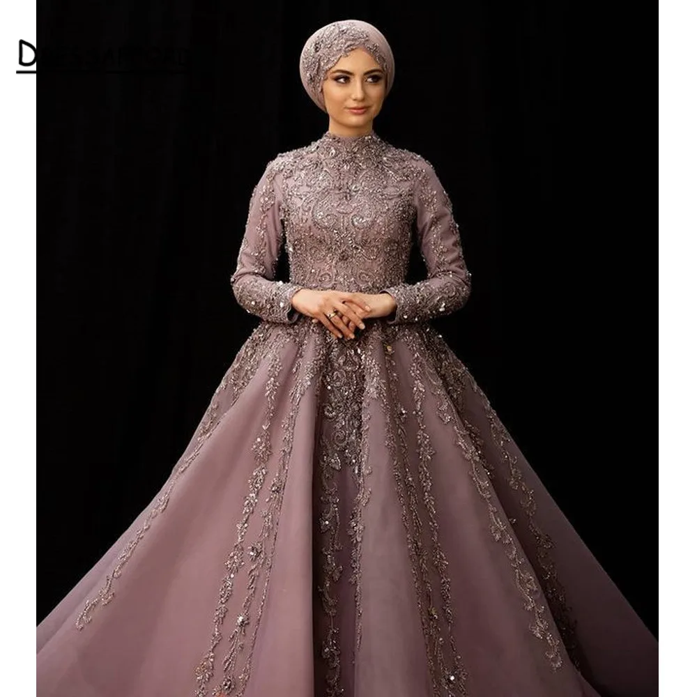 Dubai Design Sequined Feathers Evening Dress A-Line Long Sleeves Luxury Formal Party Wear Gown | Свадьбы и торжества