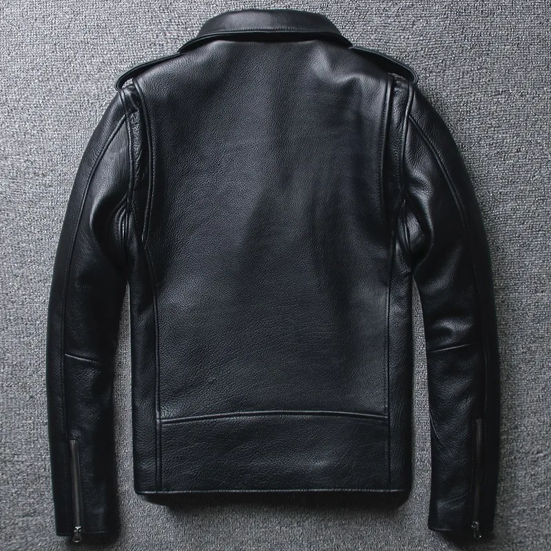 

Cow Motorcycle Genuine Leather Jacket Men Sashes Double-layer Biker Jacket Diagonal Zipper Punk Fashion Short Real Leather Coat