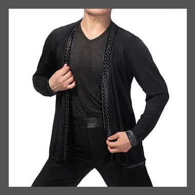 Long sleeve Горный хрусталь мужской Латинский танец бальный костюм танцевальные Топы Samba представление одежда длинный рукав рубашка для танцевальных выступлений DL4447 - Цвет: Long sleeve