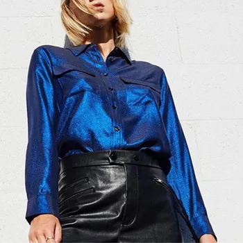 

Long Sleeve Blue Shirt 100% Silk Women Turn-down Collar Single-breasted Double Pockets Casual Soft Shirts And Top