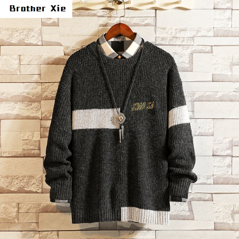 

Winter Sweater Men's Warm Fashion Embroidery Hit Color O-neck Knitted Pullover Man Wild Loose Long Sleeve Sweater Male M-5XL