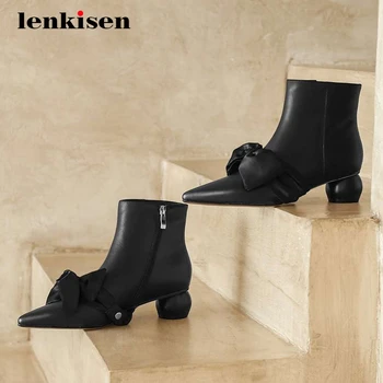 

Lenkisen french romantic winter shoes real leather butterfly-knot fairy pointed toe dance paty all-match fashion ankle boots L93