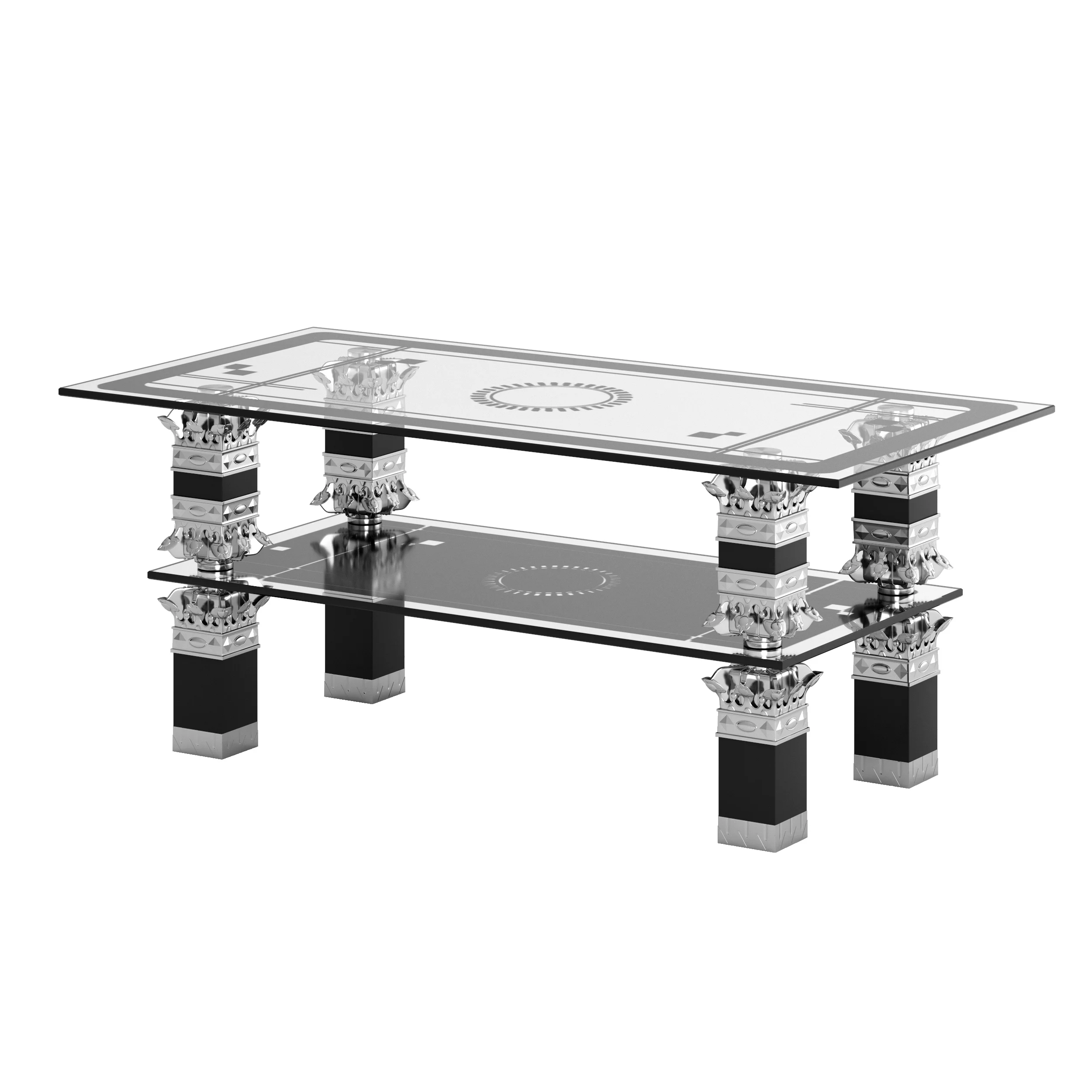 

Modern Coffee Table Rectangle Tempered Glass Printing Chrome Legs 2 Tiers Shelf Sofa Table Side Table 110x55x45cm