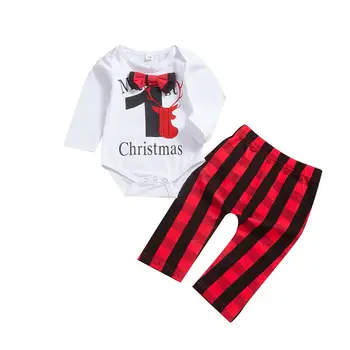 

Pudcoco US Stock 0-24M Fashion Infant Baby Boy Girls Kids Autumn Clothing My 1st Christmas Romper + Plaid Pants Xmas Clothes