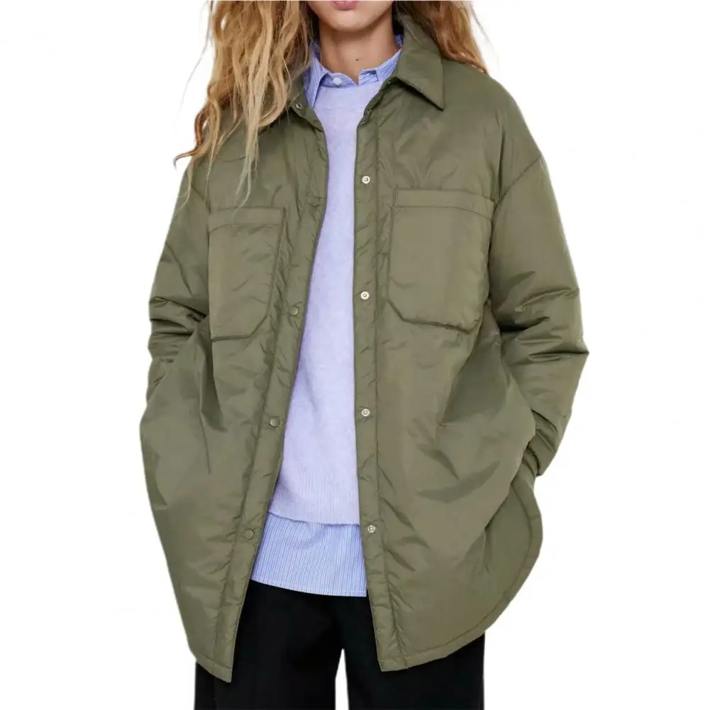 

Women's Down Jacket Cardigan Solid Color Women Coat Turn-Down Collar Buttons Closure Big Pockets Down Jacket Female 2021