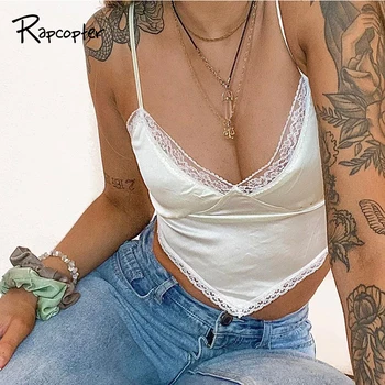 

Rapcopter Lace Women Camis Satin Spaghetti Strap Crop Top Backless Sleeveless Top Sexy Slim Tank Top Party Top Ladies Streetwear