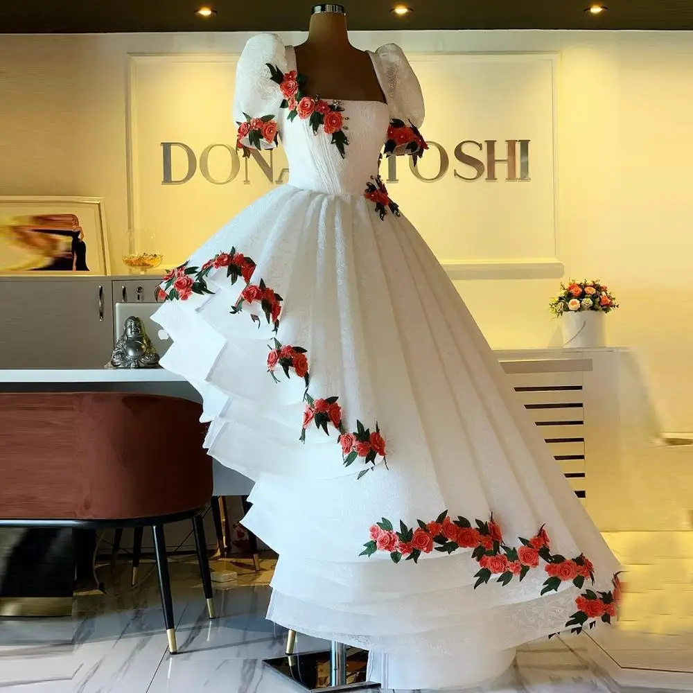 

New Arrival Puffy Lace Prom Dresses Fluffy Short Sleeves Flower Evening Dress Short Length Plus Size Party Dressing Gowns