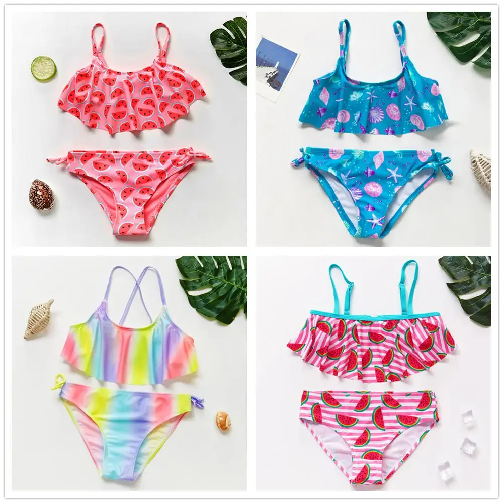 Girls Swimsuit Bikini-Sets Print Ruffle-Style Beach-Wear-St110mix Kids Cute 2--16year