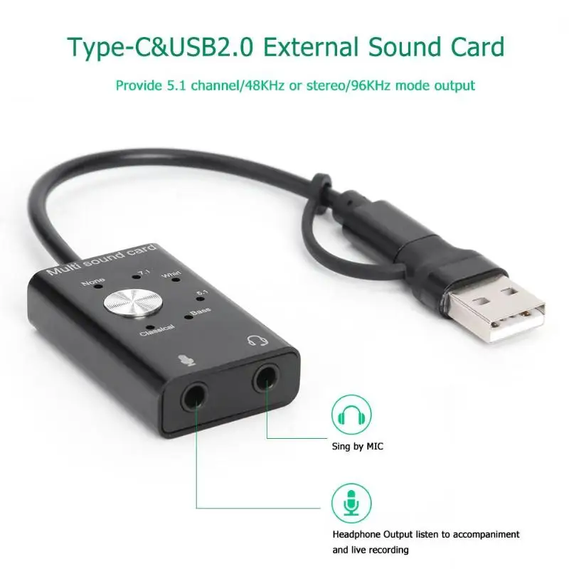 Внешний USB звуковая карта type C USB 2,0 аудио адаптер для компьютера ноутбука ПК обеспечивает 5,1 канал 48 кГц или стерео выход