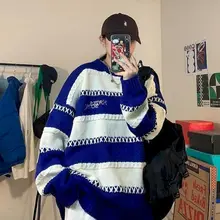 

Harajuku Autumn Winter Oversized Knitted Striped Sweater Men Casual Ripped Pullovers Sweaters Loose Warm Jumper Fashion Sweater