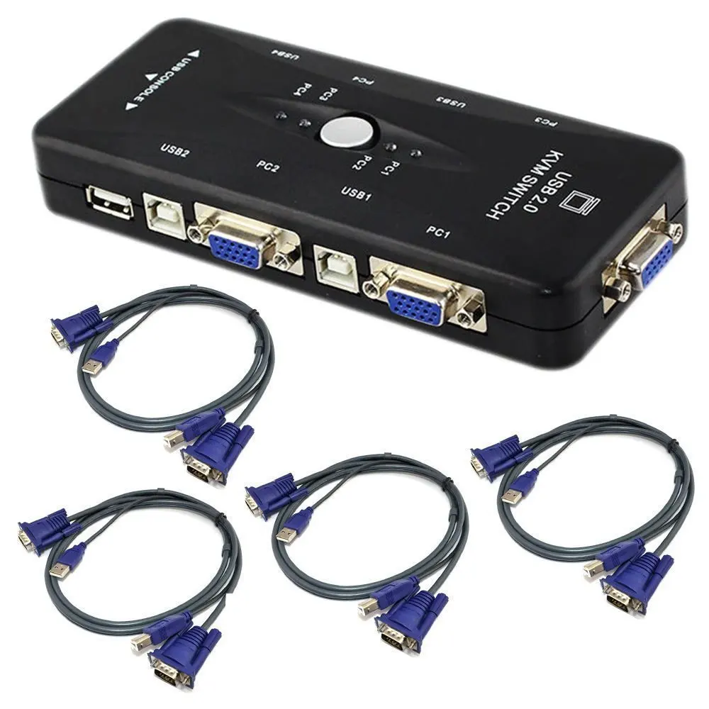 

1set 4 KVM Switch Cables+ Hub 4 Port USB 2.0 KVM VGA/SVGA Switch Box Adapter Connects Printer keyboard Mouse