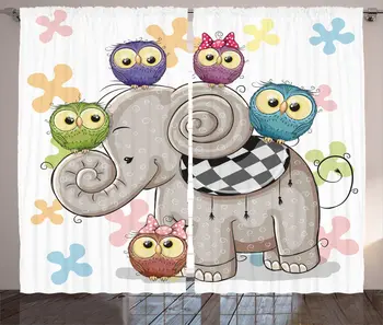 

Cartoon Curtains Elephant and Owls Floral Background Animal Love Big Eyes Boys and Girls Living Room Bedroom Window Drapes