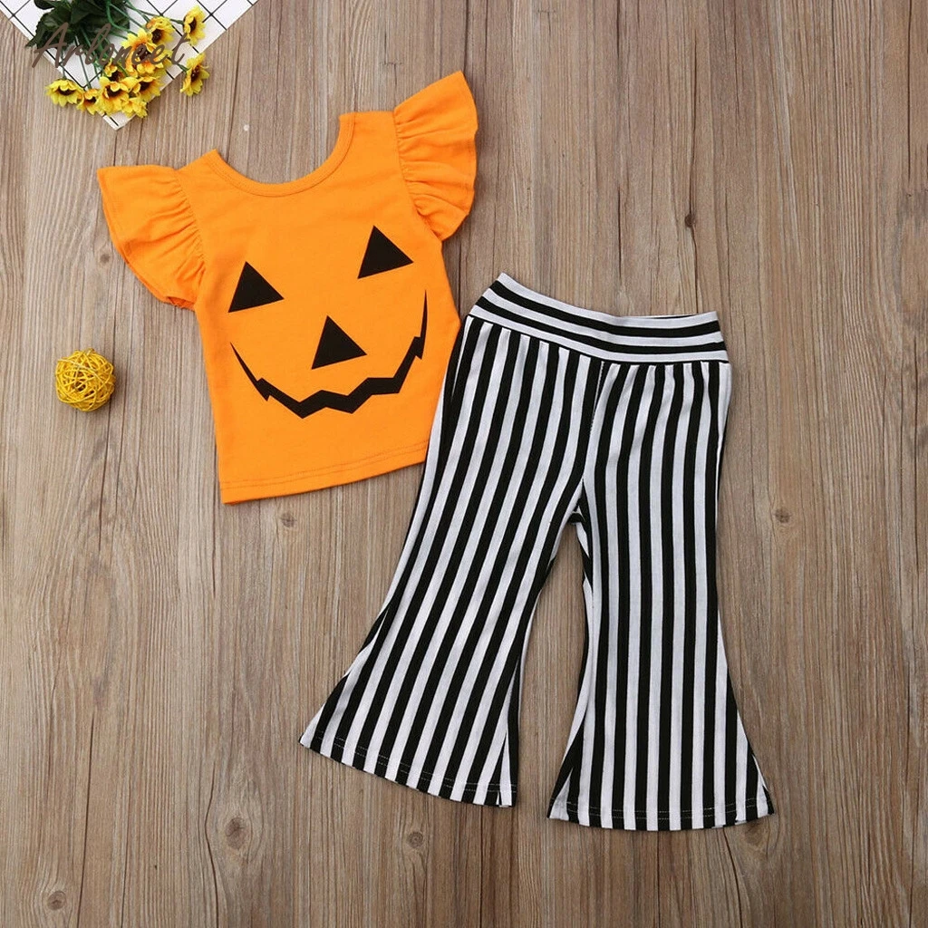 ARLONEETToddler/футболка с тыквой на Хэллоуин для маленьких девочек+ штаны в полоску детская зимняя одежда костюмы на Хэллоуин conjunto infantil menina