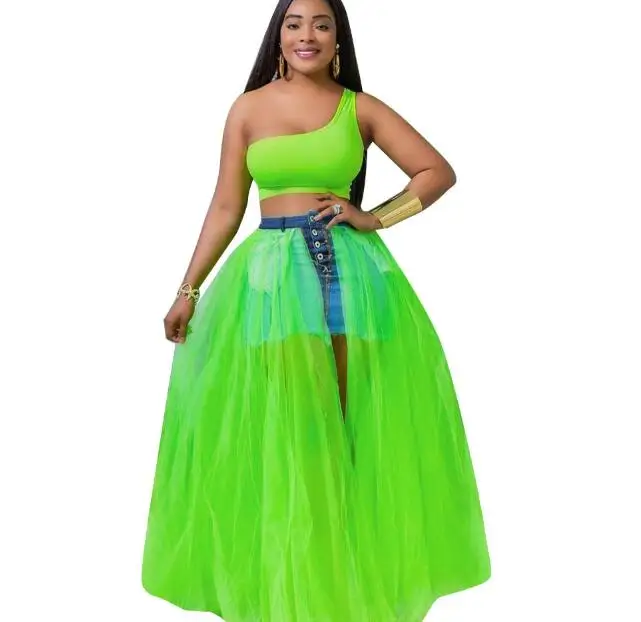 fluorescent green Cultiseed женские сексуальные джинсы Лоскутная Сетка для ночного клуба вечерние юбки женские европейские перспективные Бальные юбки женские джинсовые юбки - Цвет: fluorescent green