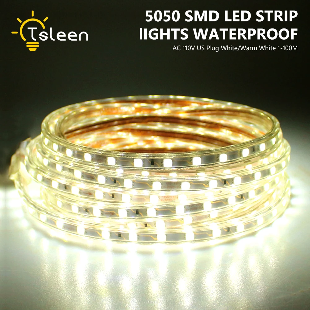 buy 110V LED Strip 60Leds m SMD 5050 Waterproof White Warm White Flexible Led Strip Light With US Plug For Home Garden Decoration