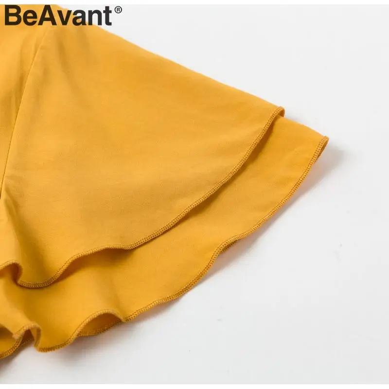BeAvant, сексуальное, с v-образным вырезом, гофрированное, бохо, платье для женщин, хлопок, короткий рукав, для отдыха, пляж, макси, платье, повседневное, одноцветное, желтое, летнее, платье с запахом