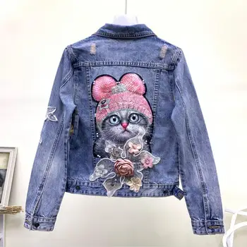

2020 fashion heavy industry beaded hole denim jacket female spring autumn long sleeve cartoon slimshort jean jacket r420