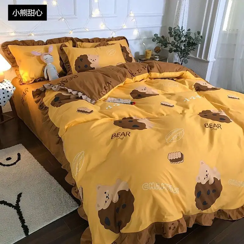 Four-piece set on a lotus leaf bed Korean style fragrant taro purple grid soft small fragrant style bed sheet three-piece set 