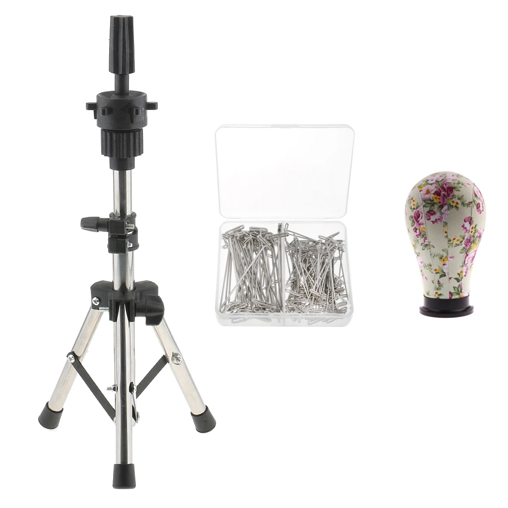 23' Mannequin Model Cork Canvas Block Head & Tripod Manikin Holder Stand with 150pcs 38mm / 51mm T Pins for Wig Making Sewing
