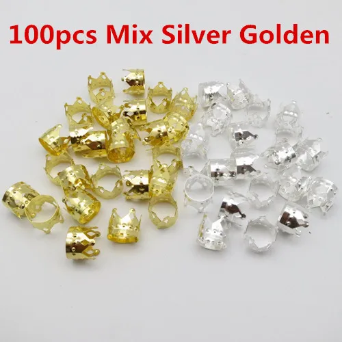 100Mix Silver Golden 100 шт Золотая/серебряная металлическая Корона Регулируемая коса для волос dread дредлок браслет из бусин клипсы микро кольца аксессуары - Цвет: 100Mix Silver Golden