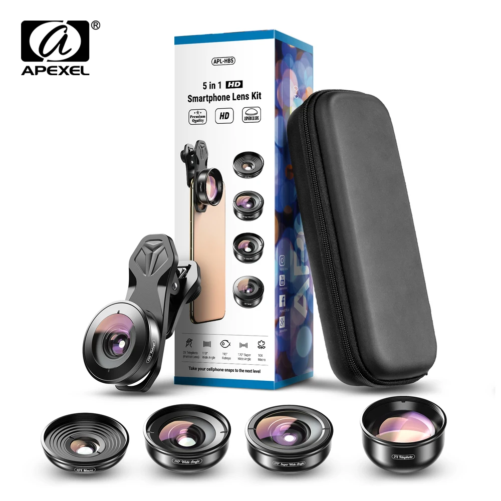 APEXEL Professional 5 in 1 Camera phone lens kit 4K HD Wide macro Telescope super Fisheye Lens for iPhone Samsung all smartphone