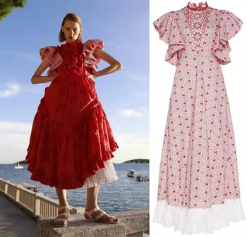

2020 Spring Summer Ruffled Short Sleeve Embroidery Floral Prints Ulta Long Dress Women Stylish Dress