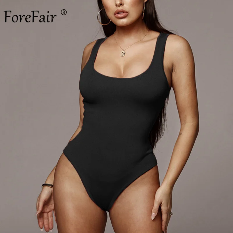 Forefair, Одноцветный, без рукавов, сексуальный боди для женщин, лето, открытая спина, ребристые топы, модная Клубная одежда, женский боди - Цвет: Black Bodysuit