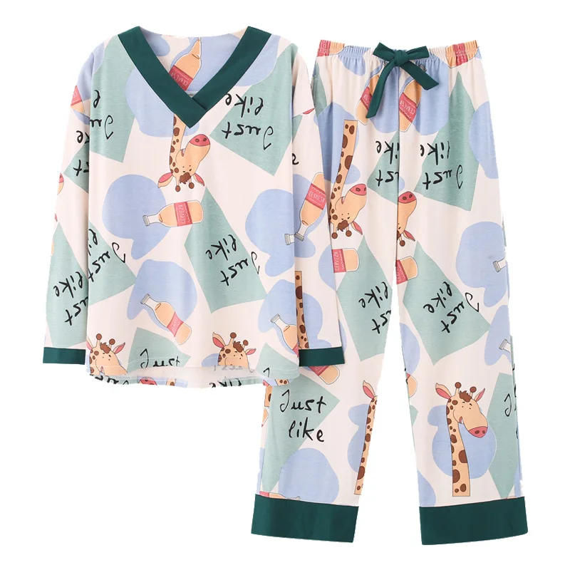 

New Pajamas Set Cartoon Printing Casual Style V Neck Homesuit Homeclothes Fashion Style Long Sleeve Long Pants Sleepwear Pjs