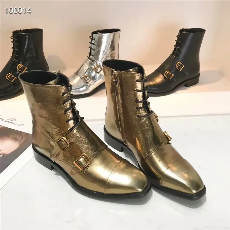 

Autumn Winter Women Shoes Gold Leather Buckled Lace-Up Ankle Boots Metal Monk Strap Cap Toe Motorcycle Boots кроссовки женские