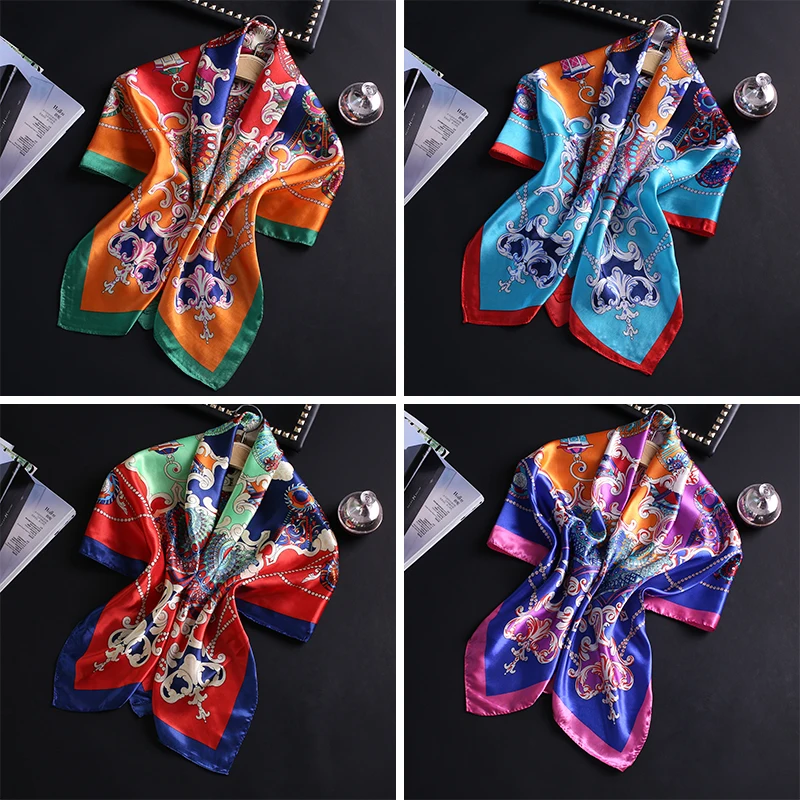 

2020 Fashion Women Square Silk Scarf Shawl Bandana Lady Large Hijab Neck Scarves Luxury Print Satin Foulard Head Wraps