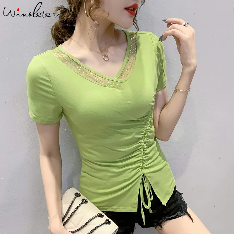 Женская драпированная футболка с v-образным вырезом кружевной топ коротким