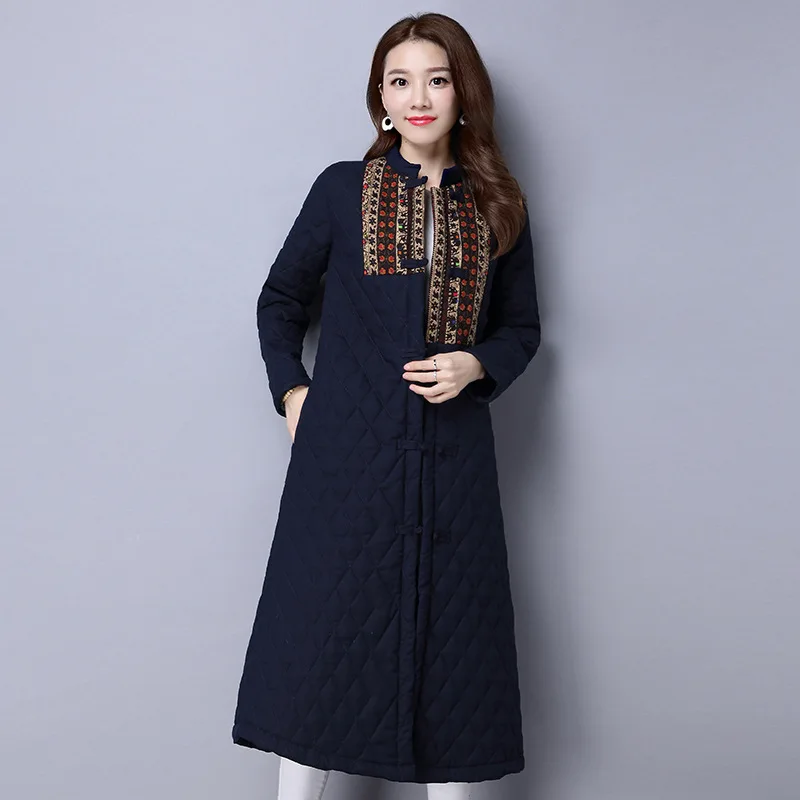 Winter New Style Ethnic-Style Long Thick Cotton-padded Clothes Cotton Linen Thick Stand Collar Frog Cotton Coat