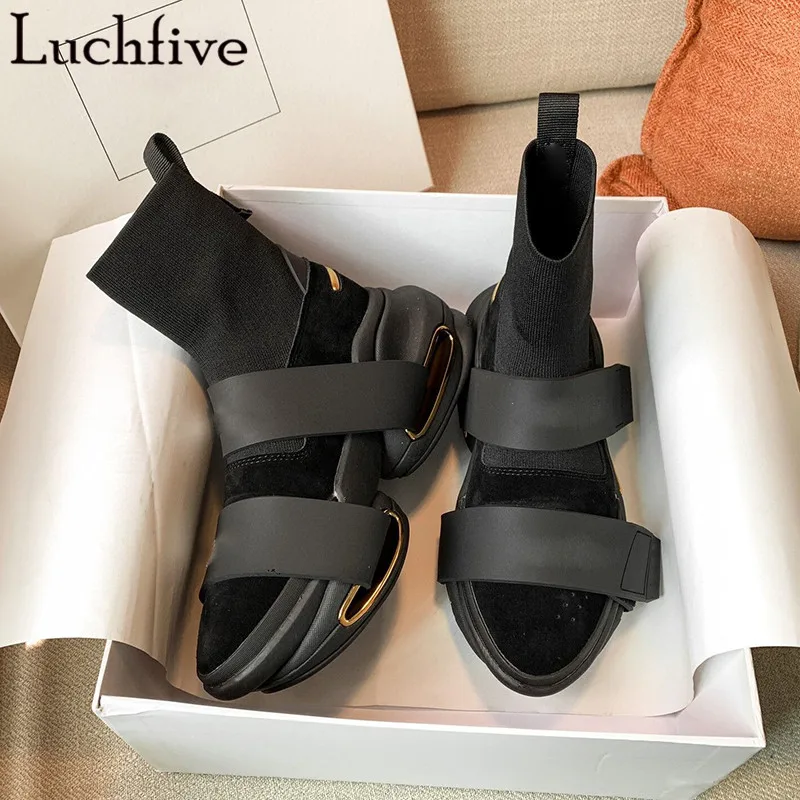 Elastic Buckle Strap Women Boots Pointy Toe Sock Boots Femme Stretch Fabric Shoes Woman Leisure Black Ankle Boots