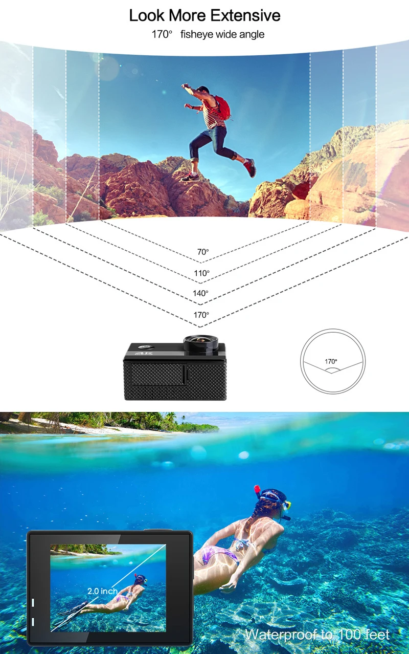 Ultra HD 4K экшн Камера Wi-Fi для подводной съемки на глубине до Full HD 1080P 2 дюйма Экран мини Камера 170 Ангел Водонепроницаемый Камера Спортивная камера на Шлем DV Камера