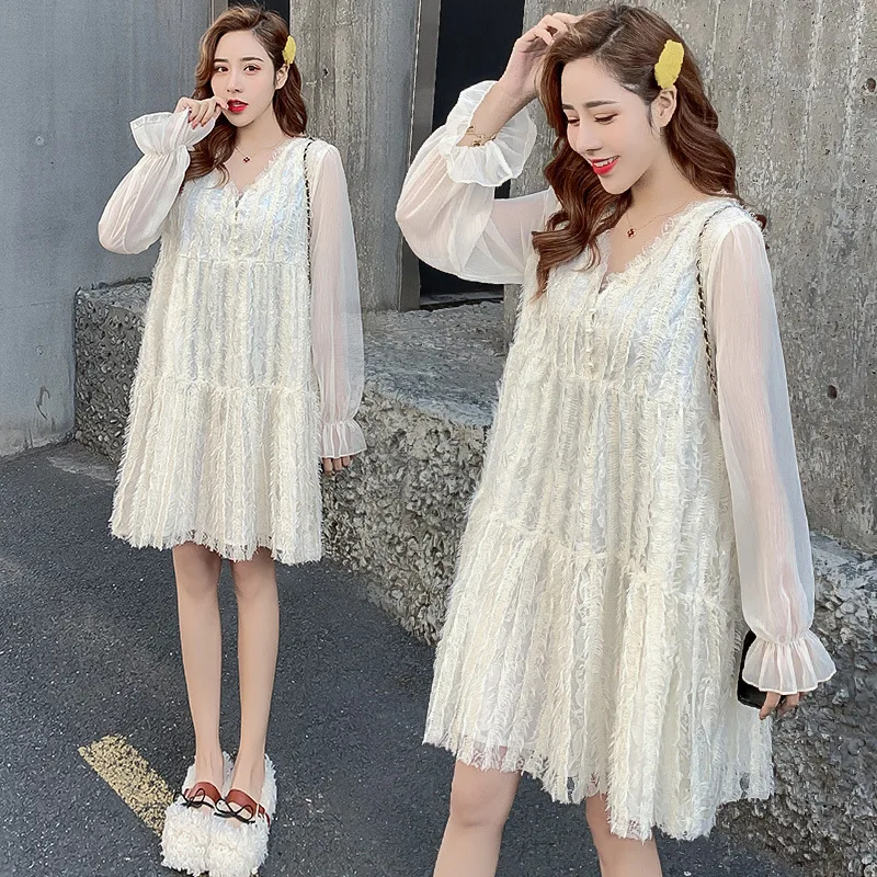 

2020 Maternity Clothes Spring Clothing New Style V-neck Graceful Lace Joint A- line Long Sleeve Pregnant Women Dress