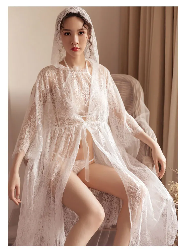 Зимняя Пижама женская сексуальная белая кружевная перспективная длинная куртка костюм из трех предметов пижамный комплект пижам Женская одежда для отдыха