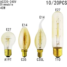 10 шт./лот C35 C35L T10 наконечник Винтаж Эдисон лампы E14 E27 220V 40W Глобус подвесной светильник в стиле ретро старинная лампочка нить накала декоративный светильник