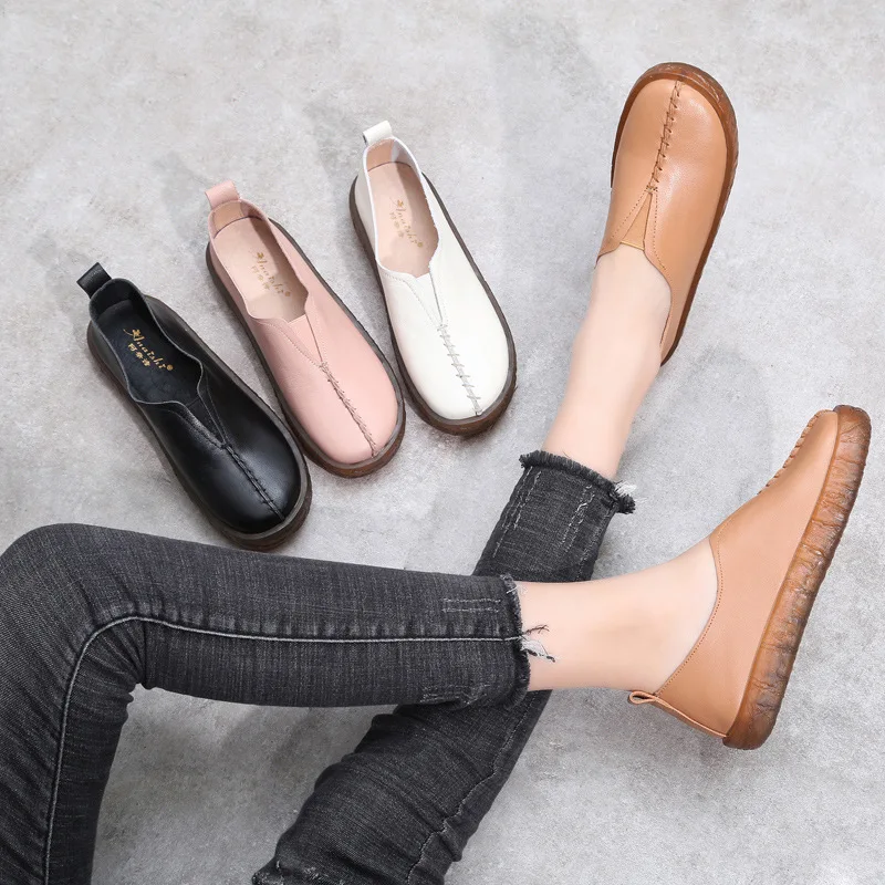 

2019 Spring Literature And Art Leather Shoes Women's Vintage New Style Flat Top Shoes Comfortable Versatile Milled Leather Soft