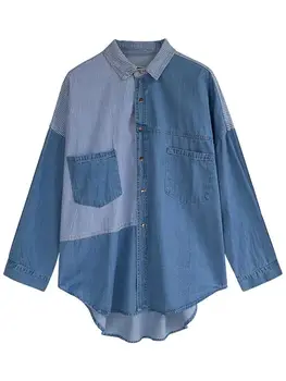 

Denim Patchwork Casual Women Shirt Loose Pocket Blue Buttons Autumn Women Tops Long Sleeve Camisas Korean Women Clothes BB60NCS