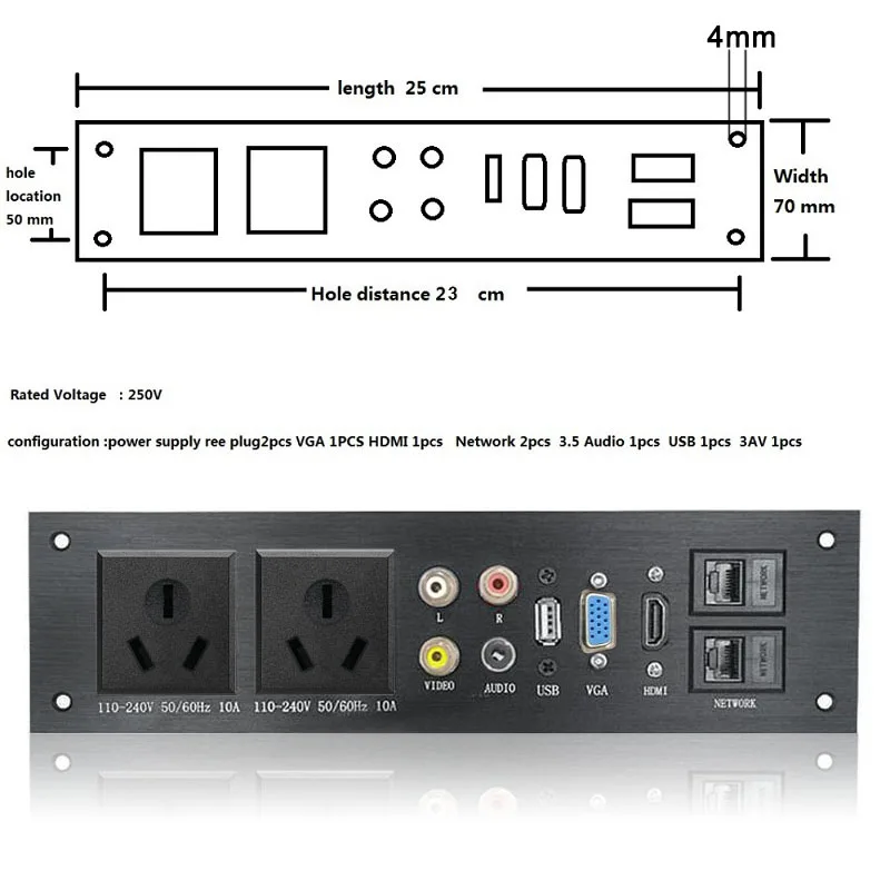 Панель из алюминиевого сплава AC 110-240V USB аудио VGA Сеть HDMI интерфейс боковая загрузка электрическая розетка плата питания алюминиевая розетка