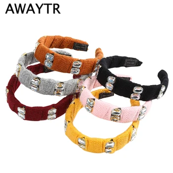 

AWAYTR 2020 New Winter Rhinestone Pearl Headband for Women Knitting Wide Hairband Ladies Hair Loop Female Retro Hair Accessories